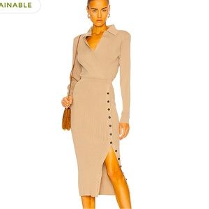 NWOT Self-Portrait Leg Slit Camel Tan Button Collared Ribbed Midi Dress